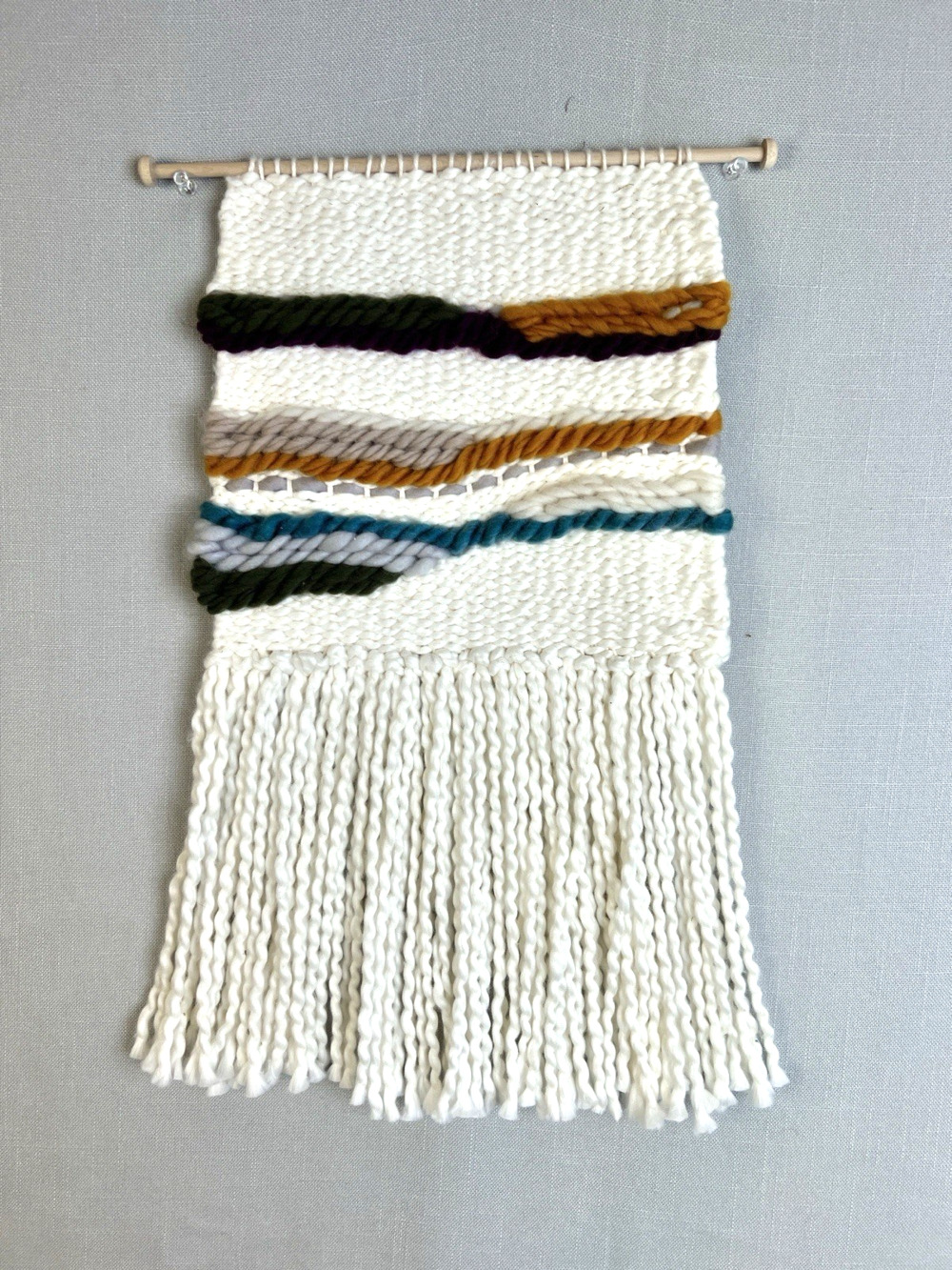 Handmade Fiber Art Wall Hanging Cream Gold 19" x 12" Modern Boho Natural Decor